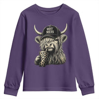 Hot Mess Highland Cow Sipping Iced Coffee Meme Youth Sweatshirt Funny Sarcastic Everyday Life Country Western Style