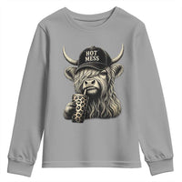 Hot Mess Highland Cow Sipping Iced Coffee Meme Youth Sweatshirt Funny Sarcastic Everyday Life Country Western Style