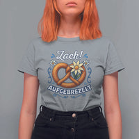 Zack Aufgebrezelt Oktoberfest T Shirt For Women Funny Bavarian Pretzel Edelweiss Blue - Wonder Print Shop