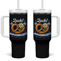 Zack Aufgebrezelt Oktoberfest Tumbler With Handle Funny Bavarian Pretzel Edelweiss Blue - Wonder Print Shop