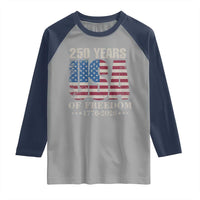 USA Flag 250 Years of Freedom Raglan Shirt Vintage Patriotic 1776 to 2026 Semiquincentennial - Wonder Print Shop