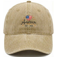 America Heart 250 Years Washed Cotton Baseball Cap US Semiquincentennial Cute Patriotic 1776 to 2026