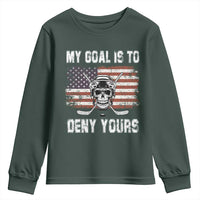 USA Flag Hockey Skull Youth Sweatshirt My Goal Is To Deny Yours