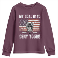 USA Flag Hockey Skull Youth Sweatshirt My Goal Is To Deny Yours
