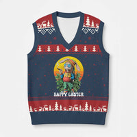 Happy 420 Easter V-Neck Knit Sweater Vest Funny Bunny Smoking Weed - Wonder Print Shop