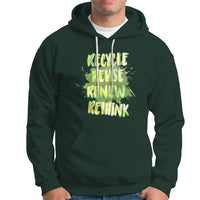 Dark forest green pullover hoodie with neon graphic text "Recycle" front and kangaroo pocket.