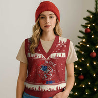 Red White And Bruh Fishing V-Neck Knit Sweater Vest Funny Patriotic Bass 4th Of July American Flag - Wonder Print Shop