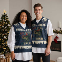 Retro Red White And Bruh Fishing V-Neck Knit Sweater Vest Funny Patriotic Bass 4th Of July - Wonder Print Shop