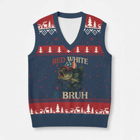 Retro Red White And Bruh Fishing V-Neck Knit Sweater Vest Funny Patriotic Bass 4th Of July - Wonder Print Shop