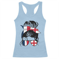 Proud France England Flag Messy Bun Bandana Sunglasses Graphic Racerback Tank Top French Anglo English Heritage Roots Woman
