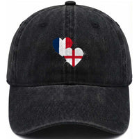 France England Flag Hearts Splatter Graphic Washed Cotton Baseball Cap Anglo English French Heritage Love Unity