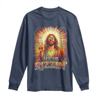 Funny Christian Easter He Is Rizzin Long Sleeve Shirt Trendy Jesus Humor with Sunglasses Faith Based Meme Gift
