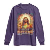 Funny Christian Easter He Is Rizzin Long Sleeve Shirt Trendy Jesus Humor with Sunglasses Faith Based Meme Gift