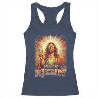 Funny Christian Easter He Is Rizzin Racerback Tank Top Trendy Jesus Humor with Sunglasses Faith Based Meme Gift