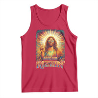 Funny Christian Easter He Is Rizzin Tank Top Trendy Jesus Humor with Sunglasses Faith Based Meme Gift