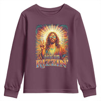Funny Christian Easter He Is Rizzin Youth Sweatshirt Trendy Jesus Humor with Sunglasses Faith Based Meme Gift