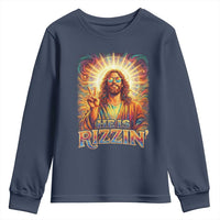 Funny Christian Easter He Is Rizzin Youth Sweatshirt Trendy Jesus Humor with Sunglasses Faith Based Meme Gift