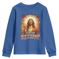 Funny Christian Easter He Is Rizzin Youth Sweatshirt Trendy Jesus Humor with Sunglasses Faith Based Meme Gift