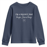 I’m a Project That Keeps Jesus Busy Coquette Bow Youth Sweatshirt Christian Faith Humor