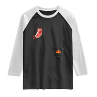 Humorous Diving Steak Charcoal Grill Graphic Raglan Shirt BBQ Grilling Pitmaster Cookout Funny Barbecue Master
