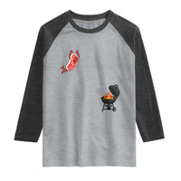 Humorous Diving Steak Charcoal Grill Graphic Raglan Shirt BBQ Grilling Pitmaster Cookout Funny Barbecue Master