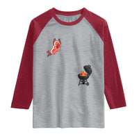 Humorous Diving Steak Charcoal Grill Graphic Raglan Shirt BBQ Grilling Pitmaster Cookout Funny Barbecue Master