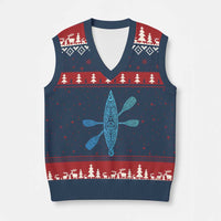 Polynesian Tribal Kayak Graphic V-Neck Knit Sweater Vest Maori Pattern Water Sports Cyan Gradient Paddling