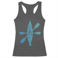 Polynesian Tribal Kayak Graphic Racerback Tank Top Maori Pattern Water Sports Cyan Gradient Paddling