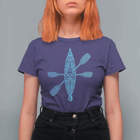 Polynesian Tribal Kayak Graphic T Shirt For Women Maori Pattern Water Sports Cyan Gradient Paddling