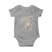 Vintage Dia de los Muertos Catrina Portrait Graphic Baby Onesie Gothic Sugar Skull Woman Blowing Dandelion
