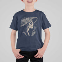 Vintage Dia de los Muertos Catrina Portrait Graphic T Shirt For Kid Gothic Sugar Skull Woman Blowing Dandelion