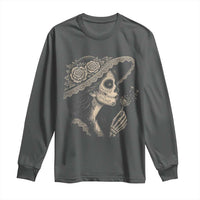 Vintage Dia de los Muertos Catrina Portrait Graphic Long Sleeve Shirt Gothic Sugar Skull Woman Blowing Dandelion