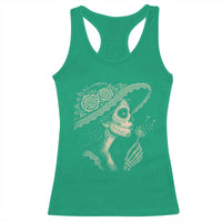 Vintage Dia de los Muertos Catrina Portrait Graphic Racerback Tank Top Gothic Sugar Skull Woman Blowing Dandelion