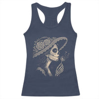 Vintage Dia de los Muertos Catrina Portrait Graphic Racerback Tank Top Gothic Sugar Skull Woman Blowing Dandelion