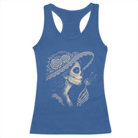 Vintage Dia de los Muertos Catrina Portrait Graphic Racerback Tank Top Gothic Sugar Skull Woman Blowing Dandelion