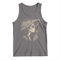 Vintage Dia de los Muertos Catrina Portrait Graphic Tank Top Gothic Sugar Skull Woman Blowing Dandelion