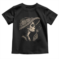Vintage Dia de los Muertos Catrina Portrait Graphic Toddler T Shirt Gothic Sugar Skull Woman Blowing Dandelion
