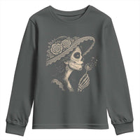 Vintage Dia de los Muertos Catrina Portrait Graphic Youth Sweatshirt Gothic Sugar Skull Woman Blowing Dandelion