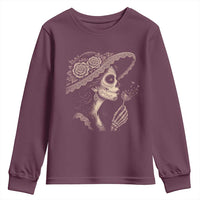 Vintage Dia de los Muertos Catrina Portrait Graphic Youth Sweatshirt Gothic Sugar Skull Woman Blowing Dandelion