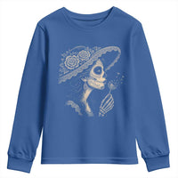 Vintage Dia de los Muertos Catrina Portrait Graphic Youth Sweatshirt Gothic Sugar Skull Woman Blowing Dandelion