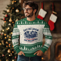 Get In Loser We're Crossing The Delaware Retro Ugly Christmas Sweater Distressed George Washington Boat Scene Patriotic American Revolution Humor