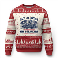 Get In Loser We're Crossing The Delaware Retro Ugly Christmas Sweater Distressed George Washington Boat Scene Patriotic American Revolution Humor