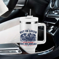 Get In Loser We're Crossing The Delaware Retro Tumbler With Handle Distressed George Washington Boat Scene Patriotic American Revolution Humor
