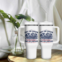 Get In Loser We're Crossing The Delaware Retro Tumbler With Handle Distressed George Washington Boat Scene Patriotic American Revolution Humor