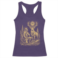 Saint Hubert Patron Saint of Hunters Vintage Woodcut Racerback Tank Top Catholic Faith and Hunting Heritage Gift