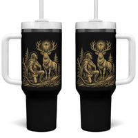 Saint Hubert Patron Saint of Hunters Vintage Woodcut Tumbler With Handle Catholic Faith and Hunting Heritage Gift
