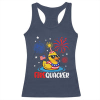 Firequacker Funny Patriotic Rubber Duck Racerback Tank Top Cool American Flag Sunglasses and Stars Swim Ring Summer Fireworks