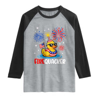 Firequacker Funny Patriotic Rubber Duck Raglan Shirt Cool American Flag Sunglasses and Stars Swim Ring Summer Fireworks