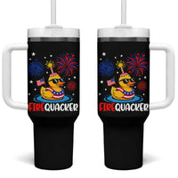 Firequacker Funny Patriotic Rubber Duck Tumbler With Handle Cool American Flag Sunglasses and Stars Swim Ring Summer Fireworks