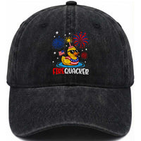 Firequacker Funny Patriotic Rubber Duck Washed Cotton Baseball Cap Cool American Flag Sunglasses and Stars Swim Ring Summer Fireworks